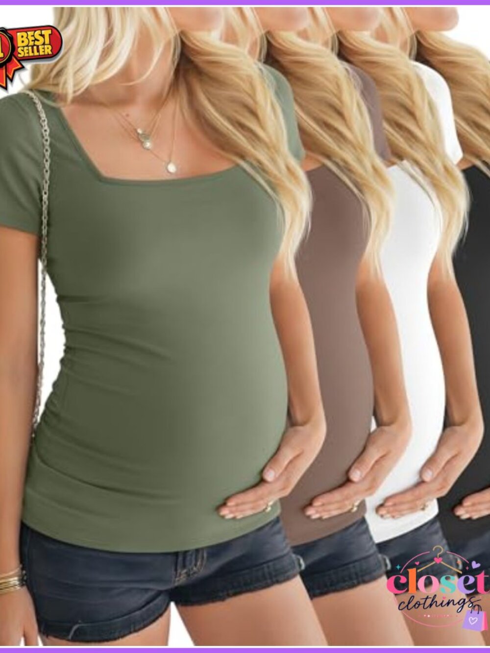 4 Pack Maternity T-Shirts Square Neck Short Sleeve Cotton Blend